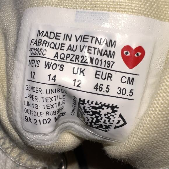 Converse x Comme Des Garcons Shoes Mens Size 12 Ivory High Top Chuck *AS IS READ - Picture 14 of 14